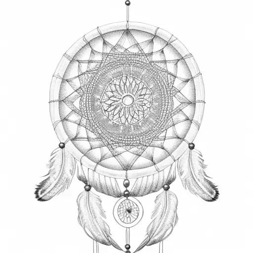 An ethereal dotwork dreamcatcher with feathers and Macy's initials woven into the design, capturing her spirit and protecting her memory tattoo design idea