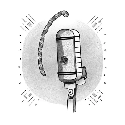 Design a microphone with a treble clef and piano keys intertwined tattoo design idea