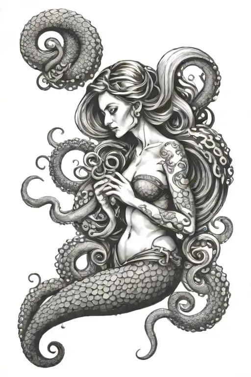 mermaid and octopus wrapping its tentacles tattoo design idea