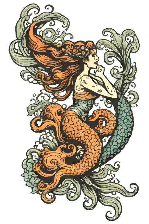 mermaid and octopus wrapping its tentacles tattoo design idea