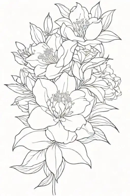  aster flower, rose, peony, narcissus, honeysuckle, gladiolus in a flower bouqet tattoo design idea
