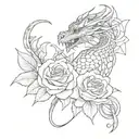 dragon and roses on the shoulder with some shading tattoo design idea