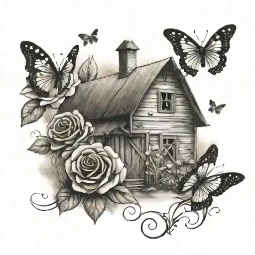 a workshop/barn with roses infront and butterflies in front of it tattoo design idea