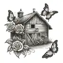 a workshop/barn with roses infront and butterflies in front of it tattoo design idea