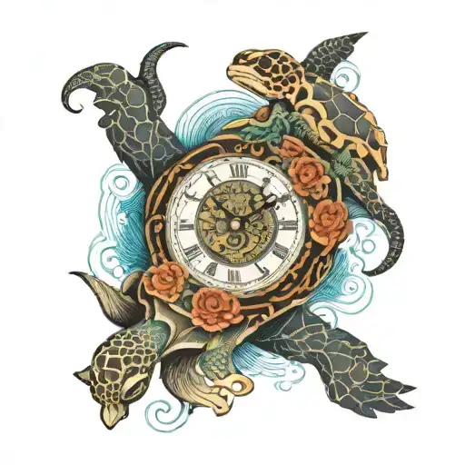 sea turtle , mantel clock , octopus and flash compass and anchor tattoo design idea