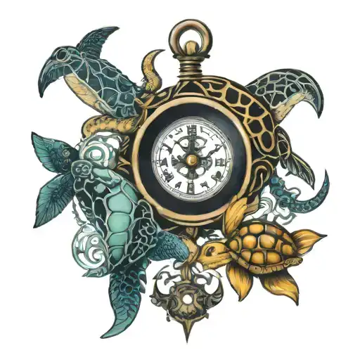 sea turtle , flash compass and anchor, mantel clock and octopus in 1 tattoo   tattoo design idea