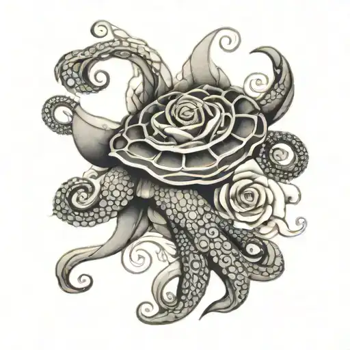 rose with octopus and turtle swimming tattoo design idea