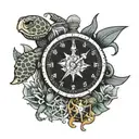 sea turtle , flash compass and anchor, mantel clock and octopus in 1 tattoo   tattoo design idea