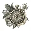 sea turtle , flash compass and anchor, mantel clock and octopus in 1 tattoo   tattoo design idea