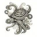 rose with octopus and turtle swimming tattoo design idea
