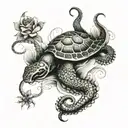 rose with octopus and turtle swimming tattoo design idea