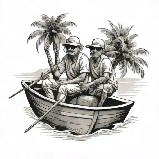 me-and-my-uncle-on-a-boat-fishing-no-face-goa-india-palm-trees tattoo design idea