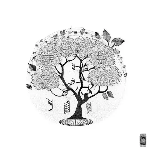 A family of peaches playing different musical instruments under a peach tree tattoo design idea