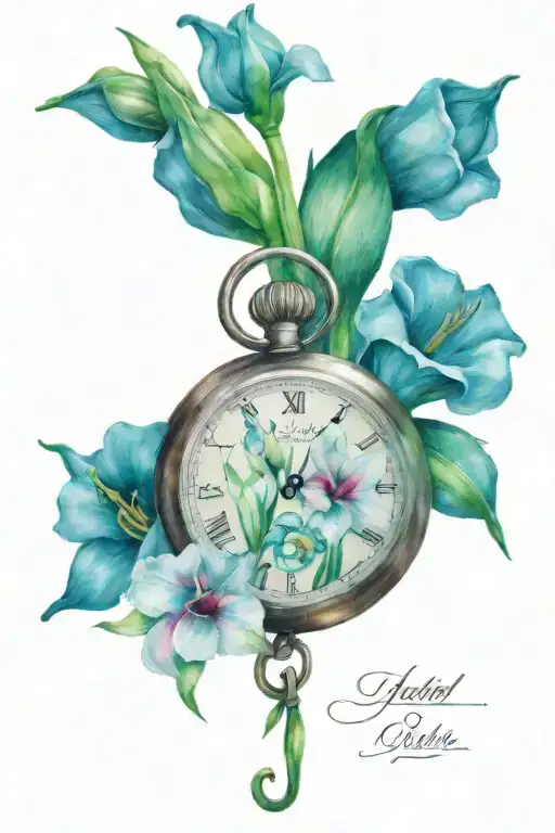 pocket watch, flowers intertwined, gladiolus flowers tattoo design idea