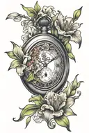 pocket watch, flowers intertwined, gladiolus flowers tattoo design idea