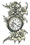 pocket watch, flowers intertwined, gladiolus flowers tattoo design idea