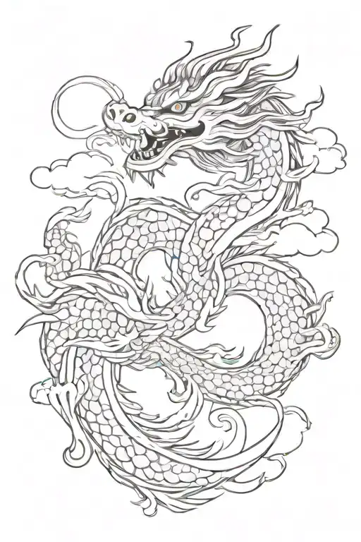 tattoo flash sketch of black japanese dragon with red clouds, fine line style, outline , isolated on withe background tattoo design idea