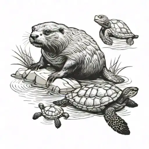 A river otter and a turtle swimming tattoo design idea