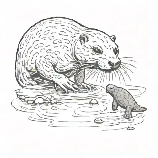 A river otter popping out of water and bopping a turtle on the nose tattoo design idea