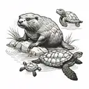 A river otter and a turtle swimming tattoo design idea