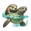 A river otter saying hello to a turtle swimming tattoo design idea