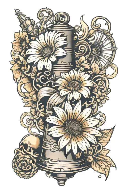 gerbera daisy intertwined with a liberty bell and conch seashell and a  star  tattoo design idea