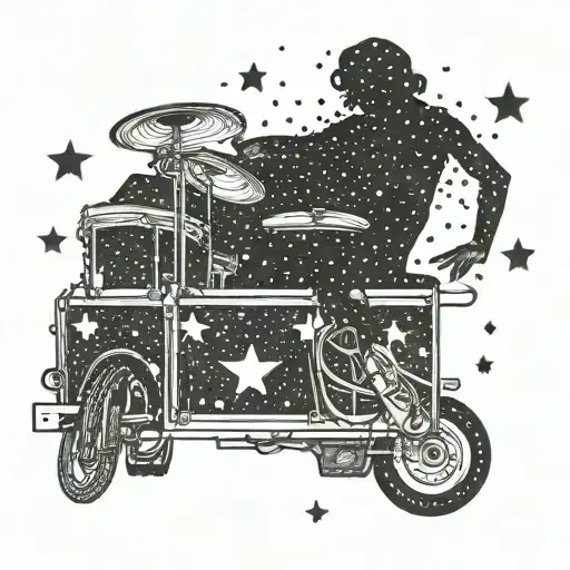 A dotwork tattoo of a woman's silhouette playing drums on the bed of a truck under a starry night sky tattoo design idea