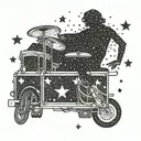 A dotwork tattoo of a woman's silhouette playing drums on the bed of a truck under a starry night sky tattoo design idea