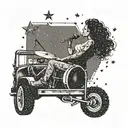 A dotwork tattoo of a woman's silhouette playing drums on the bed of a truck under a starry night sky tattoo design idea