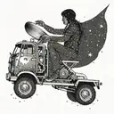 A dotwork tattoo of a woman's silhouette playing drums on the bed of a truck under a starry night sky tattoo design idea
