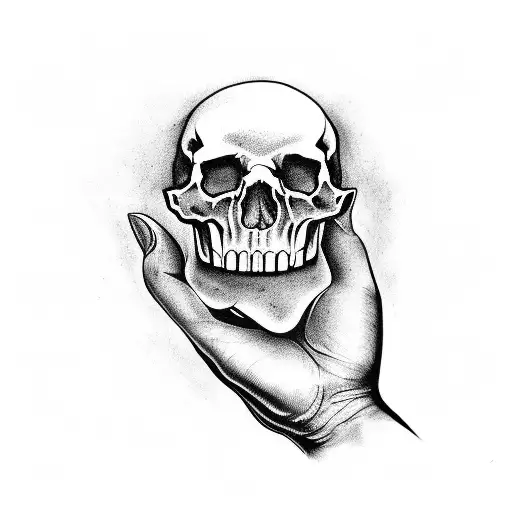 Two hands holding skulls and a "memento mori" writing underneath tattoo design idea