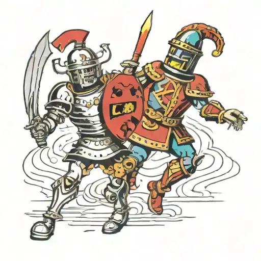 A Roman gladiator battling a futuristic robot court jester baby tattoo design idea