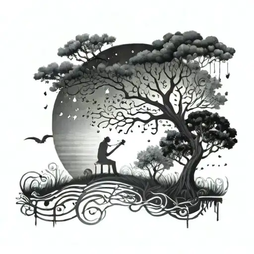 A moonlit night with musical notes floating in the sky and a figure reading under a tree, reflecting the client's love for dark, quiet moments alone tattoo design idea