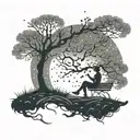 A moonlit night with musical notes floating in the sky and a figure reading under a tree, reflecting the client's love for dark, quiet moments alone tattoo design idea