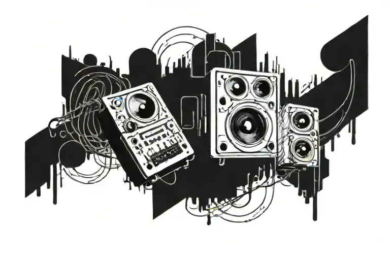 An abstract design of audio tech equipment intertwined with musical notes tattoo design idea