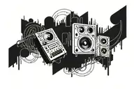 An abstract design of audio tech equipment intertwined with musical notes tattoo design idea