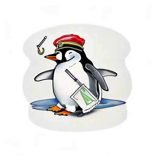 penguin with letters M and C and 8 painted white witth black  shadows  tattoo design idea