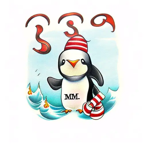 penguin with letters M and C and 8 with black  shadows tattoo design idea