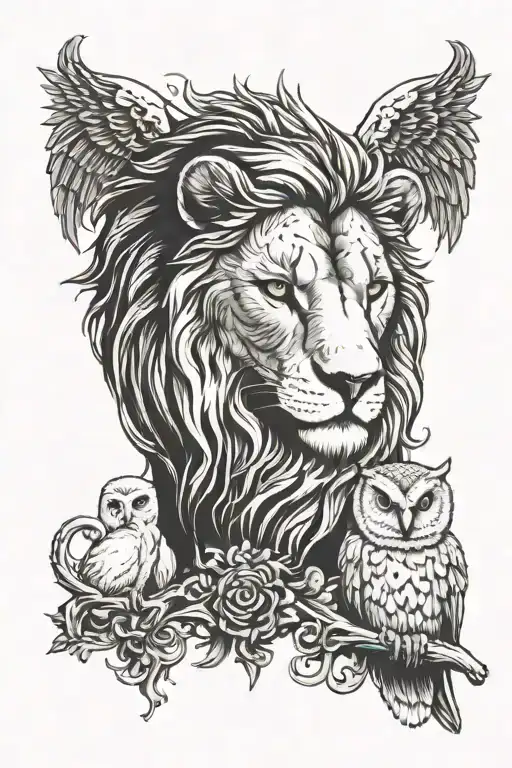 lion with barn owl tattoo design idea
