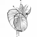 glas vase with a reflection of light and shadow filled with water into which two realistic monstera deliciosa tattoo design idea