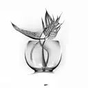 glas vase with a reflection of light and shadow filled with water into which two realistic monstera deliciosa tattoo design idea