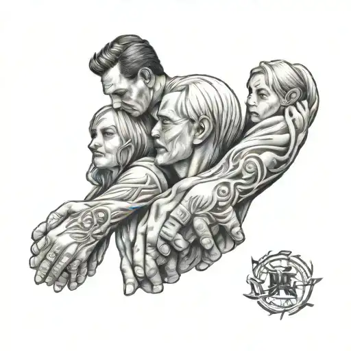 A tattoo design of a father and his three daughters holding hands, symbolizing the strong bond and love between them tattoo design idea