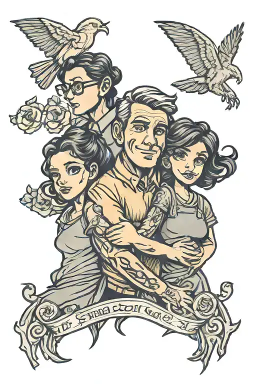 A tattoo design of a father and his three daughters holding hands, symbolizing the strong bond and love between them tattoo design idea