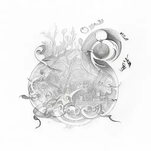 A sketch-style tattoo of a poetic verse written in calligraphy, surrounded by delicate illustrations inspired by Bach's compositions. tattoo design idea