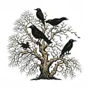 a dry tree, few branches, with crows on its branches tattoo design idea