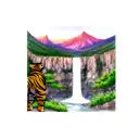 back tattoo, thin, full length, color, landscape, waterfall, tiger, mountain tattoo design idea