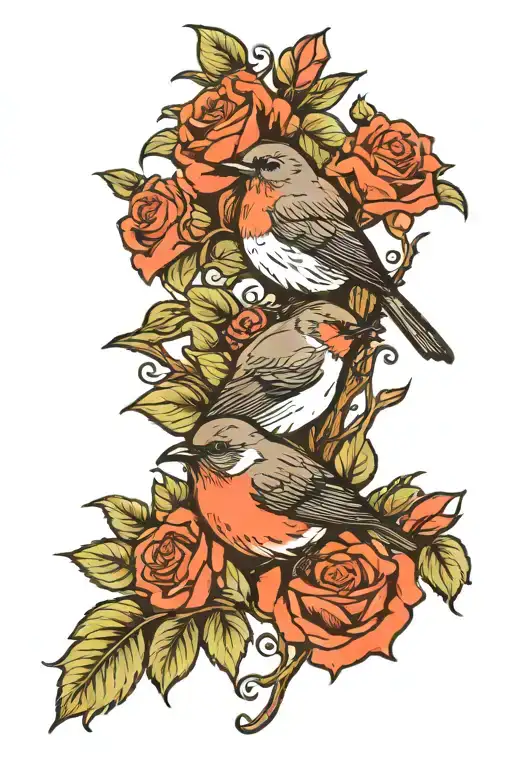 Roses and robin bird tattoo design idea