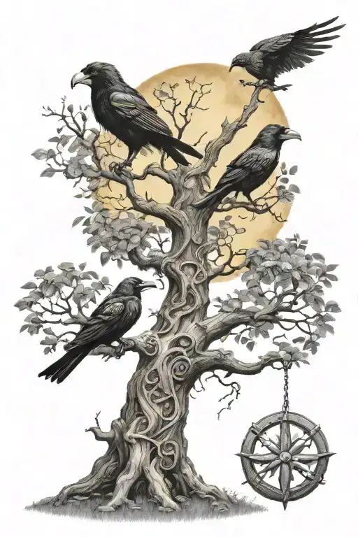 Norse tree of life, with ravens and thors hammer with lightning tattoo design idea