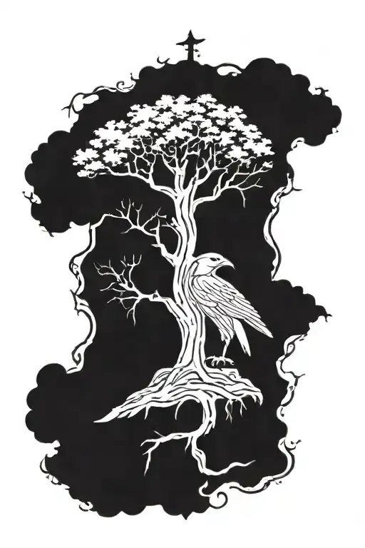Norse tree of life, with ravens and thors hammer with lightning tattoo design idea