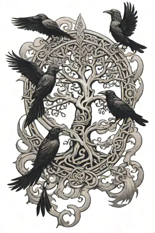 Norse tree of life, with ravens and thors hammer with lightning tattoo design idea